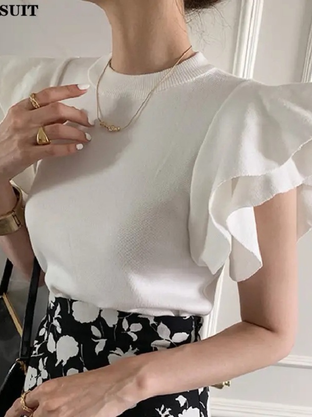 White Ruffle Sleeve Knit Top